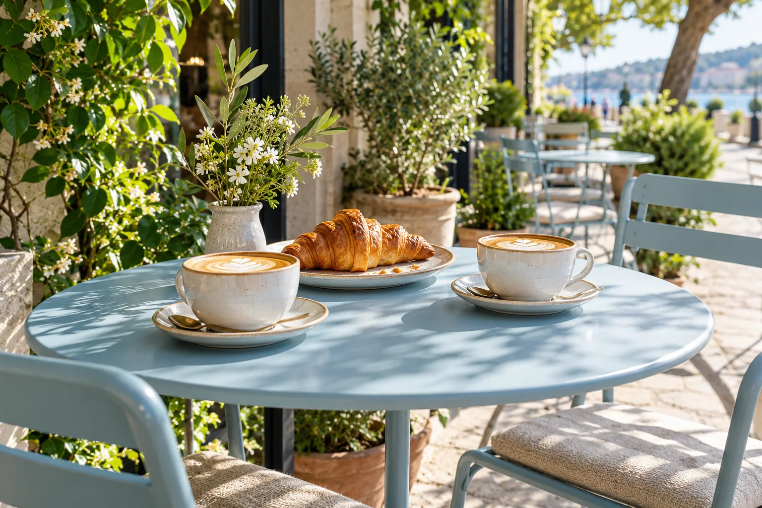 Coffee and croissants on an outdoor cafe table