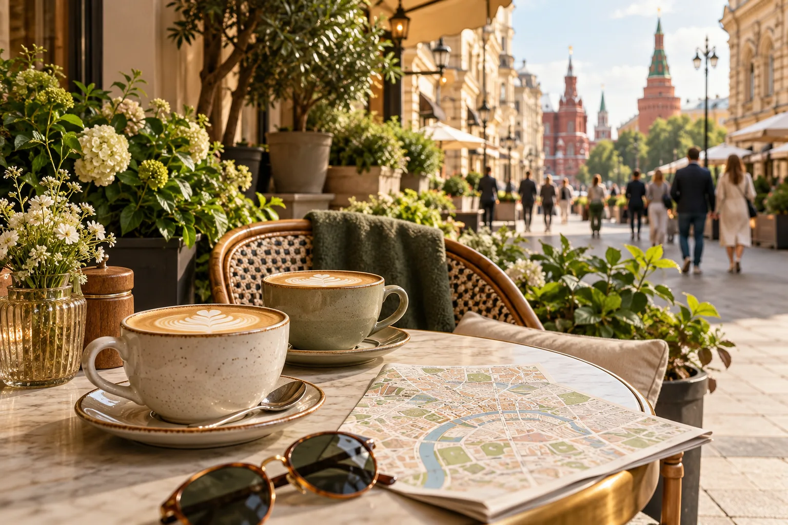 Кофе и карта города на столике уличного кафе