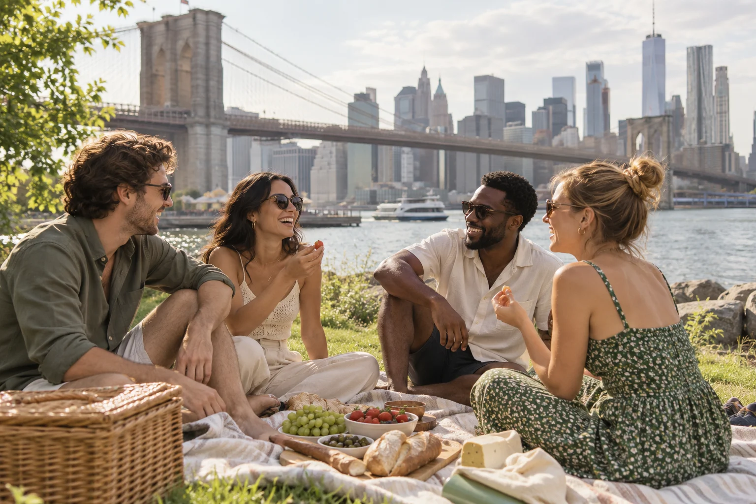 Friends having a picnic in Brooklyn Bridge Park, New York