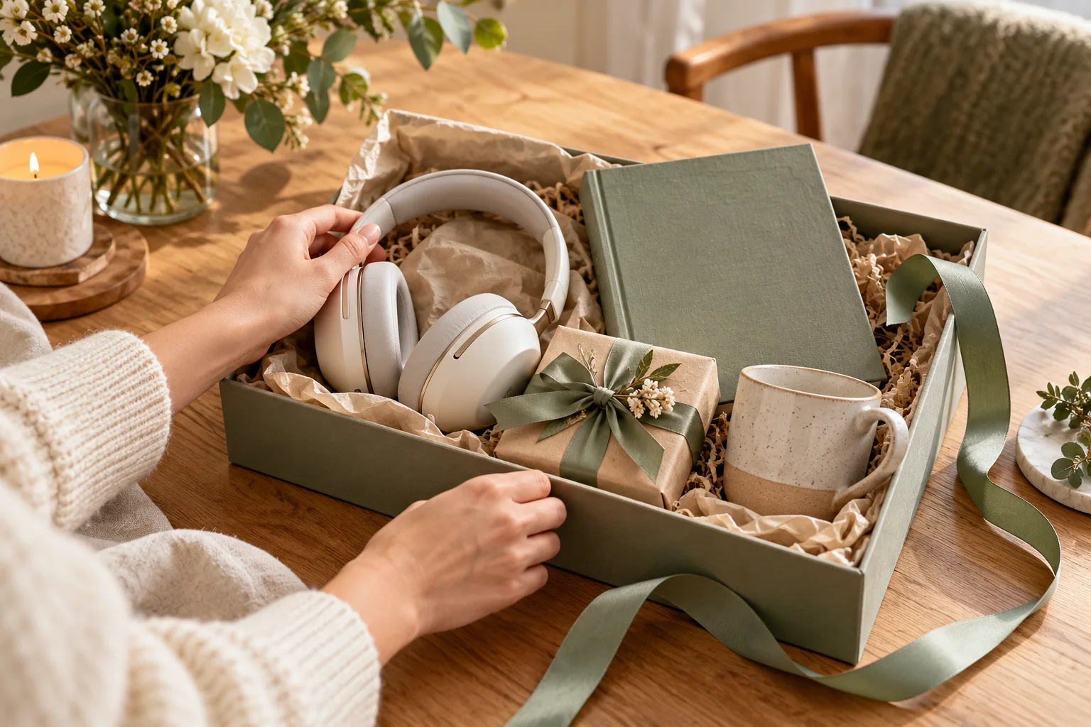A gift box with headphones, a book and a small present